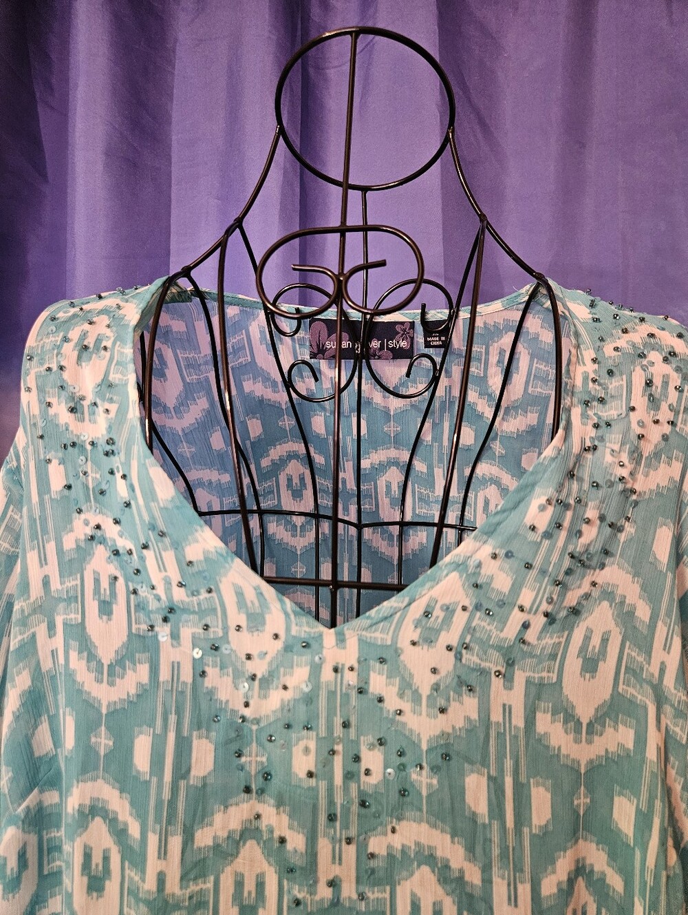 Susan Graver   Abstract Ikat Aqua Long-Sleeve Women's Dress or Beach Coverup - Picture 7 of 9